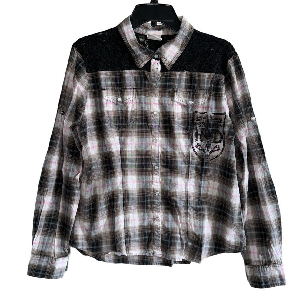 Harley-Davidson Plaid Button-Up Shirt with Black Lace Detail Size XL